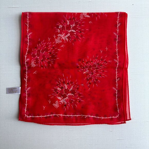 Vintage Red Floral Water Repellent Acetate Scarf 42" X 10" For Neck or Headwear - Picture 3 of 7